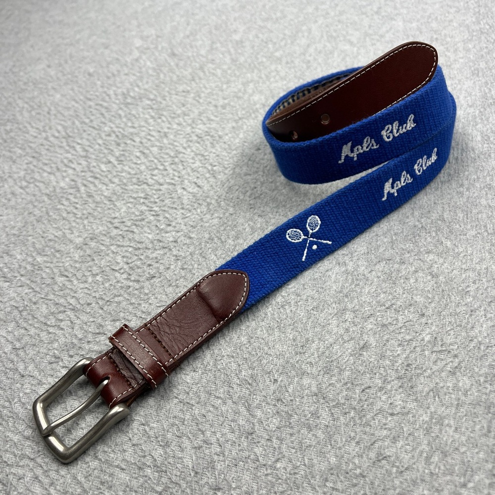 JT Spencer Belt Mens 36 Blue Needlepoint Tennis Rackets Mpls Club Leather USA